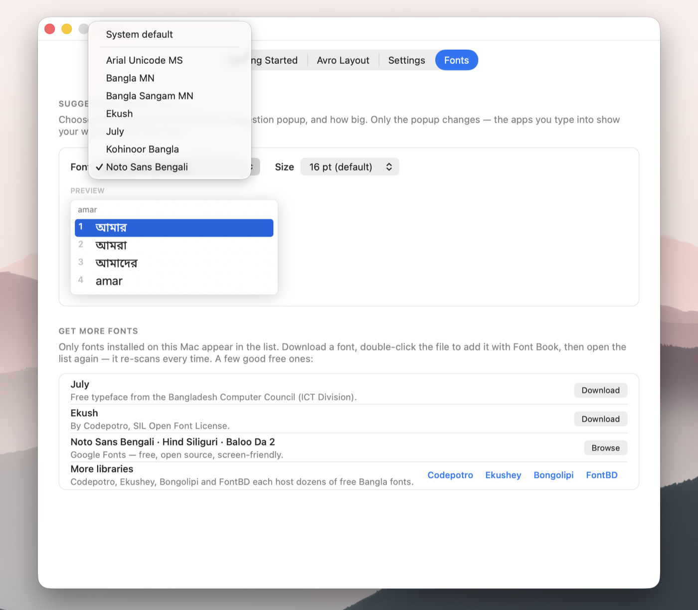 Lekho Fonts tab — choosing a Bangla font and size for the suggestion popup, with a live preview