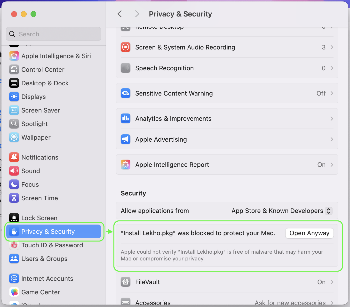 Privacy & Security pane — click Open Anyway next to the Lekho message