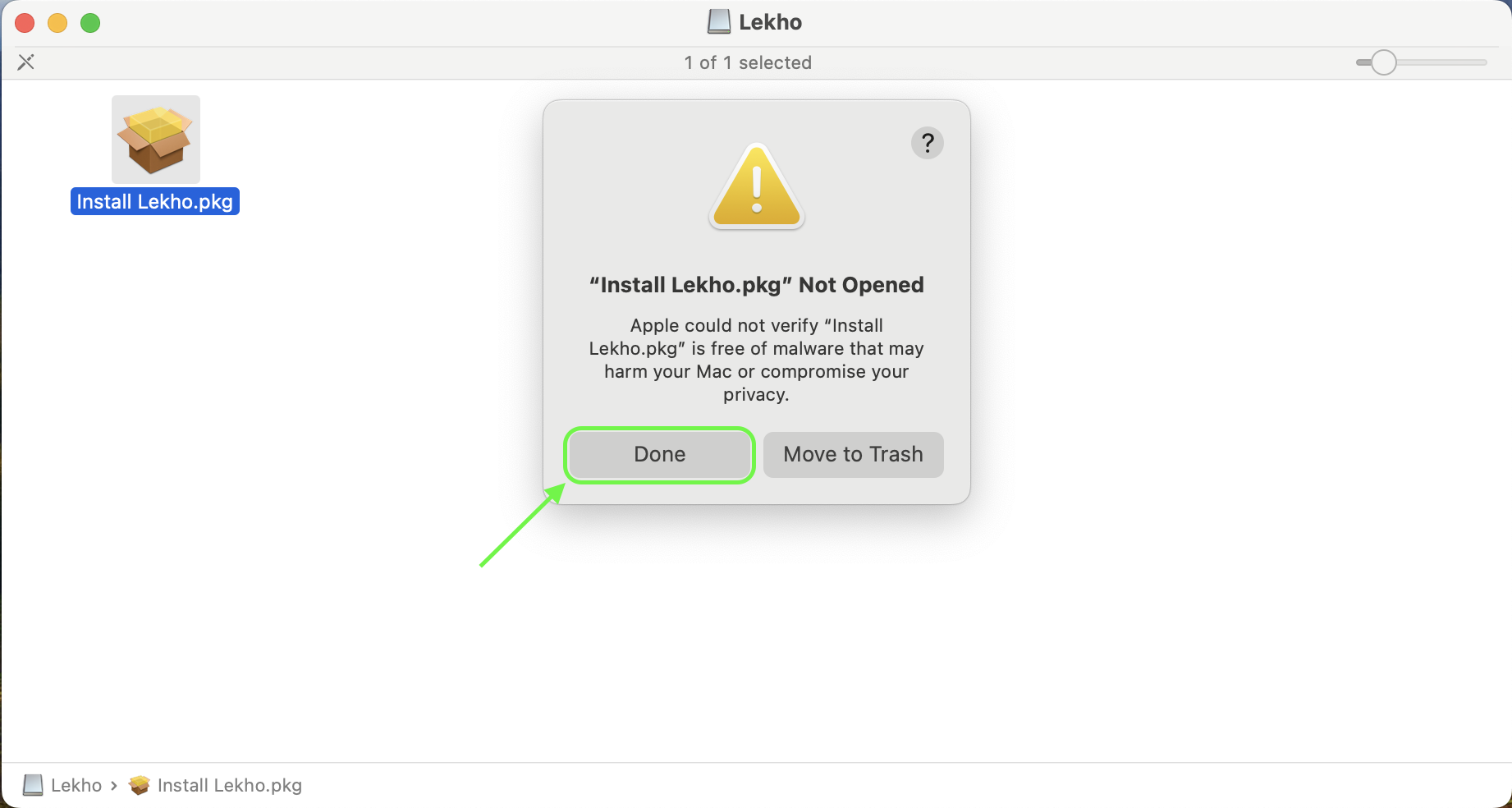 macOS dialog: Install Lekho.pkg Not Opened — click Done